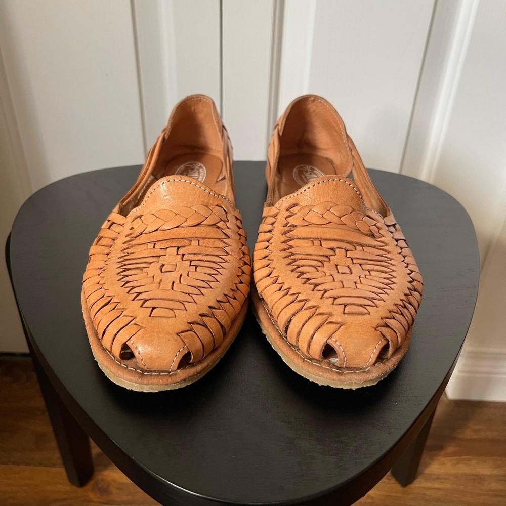 Woven Leather Huarache Flats in Tan - Women